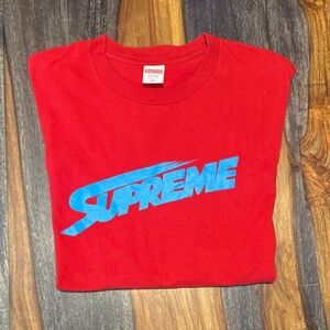 Supreme Red Tee with Bright Blue Logo